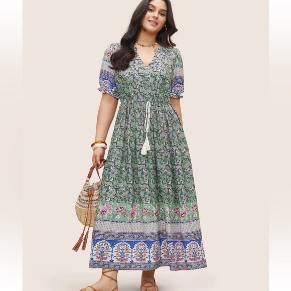 BloomChic Plus Size 4XL Boho Print Notched Ties Tassel Trim Dress us26 - Picture 1 of 7